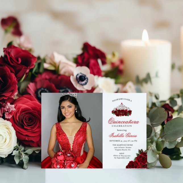 Convites Quinceanera Floral Vermelha Duas Fotografias (Criador carregado)