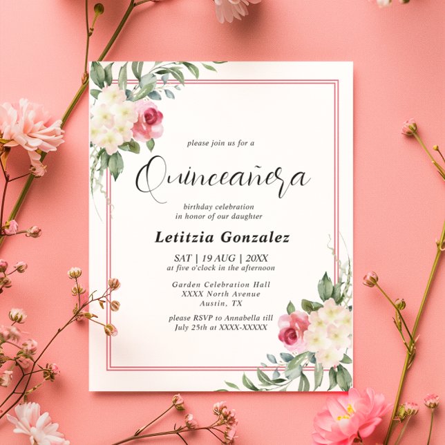 Convites Quinceañera Floral Vermelha e Branca (Criador carregado)