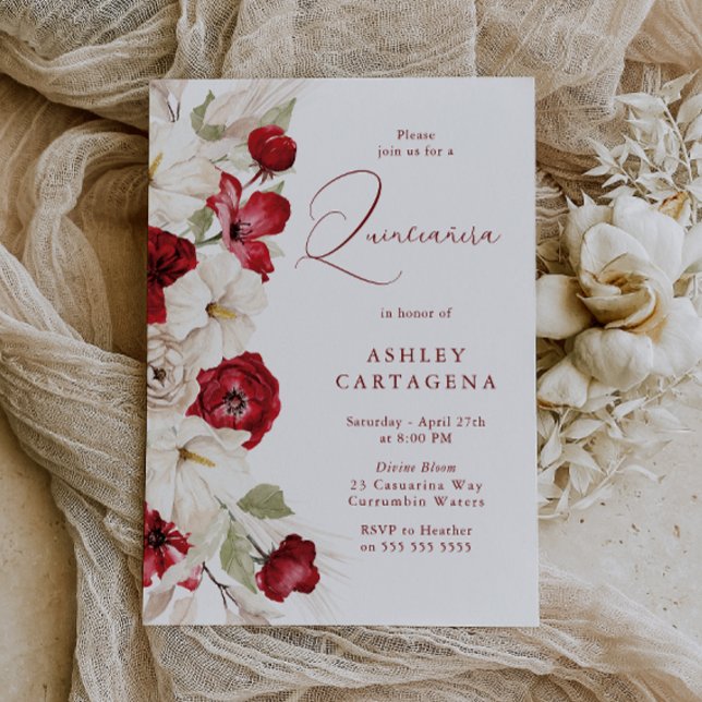 Convites Quinceanera Floral Vermelha e Branca (Criador carregado)
