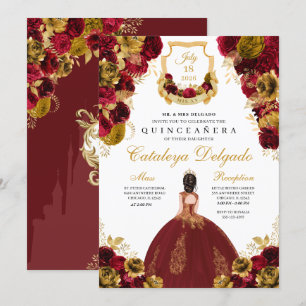 Convites Quinceañera Floral Vermelha e Dourada