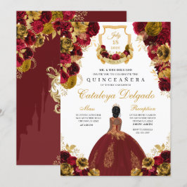 Convites Quinceañera Floral Vermelha e Dourada