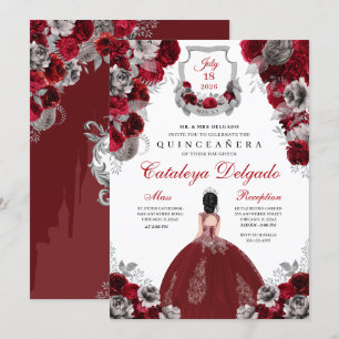 Convites Quinceañera Floral Vermelha e Prata
