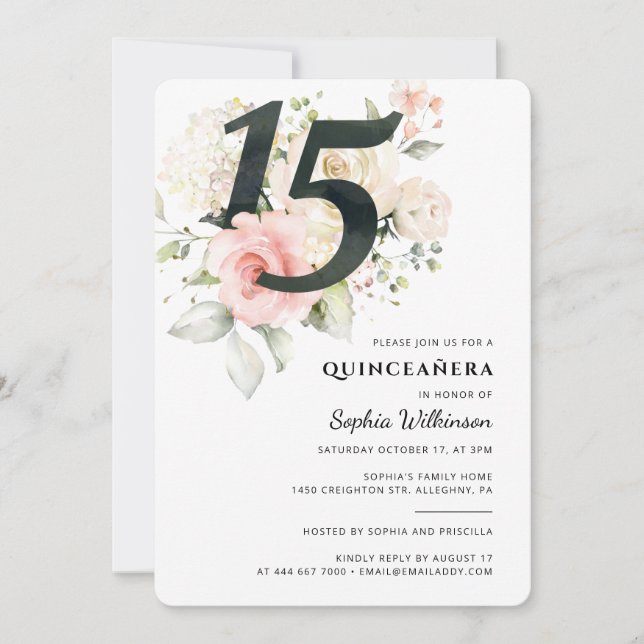 Convites Quinceanera Floral Watercolor Festa de aniversário (Frente)