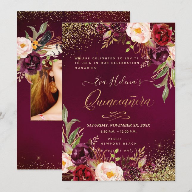 Convites Quinceañera, Flores De Água Escamoteada, Morrem Bo (Frente/Verso)