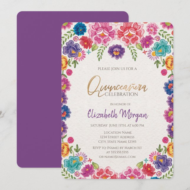 Convites Quinceañera, Flores de Fiesta mexicanas (Frente/Verso)
