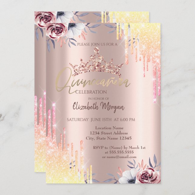 Convites Quinceañera, Flores de Tiara Douradas (Frente/Verso)