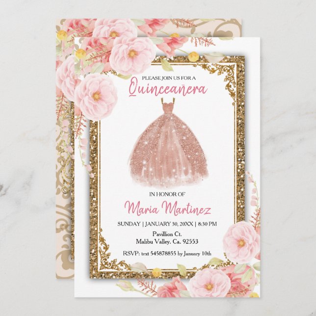 Convites Quinceanera, Flores Rosa Blush Douradas, rosa (Frente/Verso)