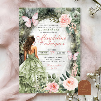 Convites Quinceanera, Floresta Branca Verde Rosa e Sage