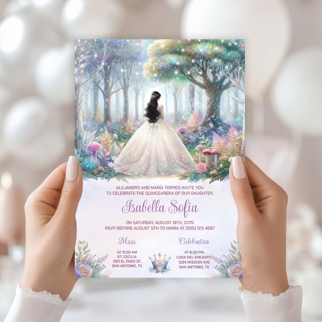 Convites Quinceañera, Floresta Encantada de Pastel Elegante (Beautiful enchanted forest Quinceanera invitation - simply add your event details.)