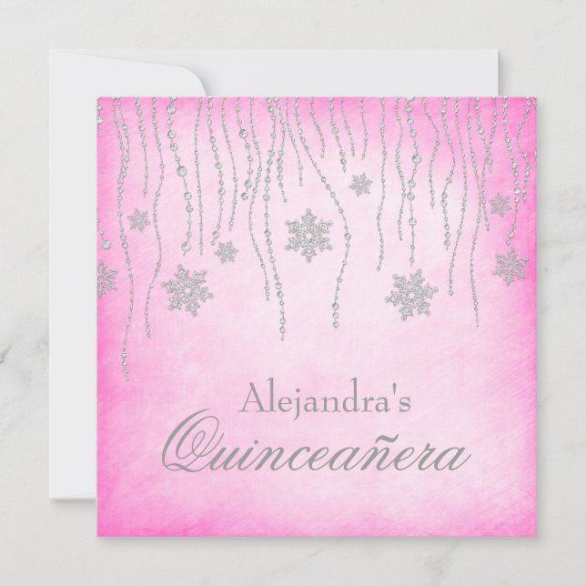 Convites Quinceanera Florido Inverno Rosa Quente Flocos de  (Frente)