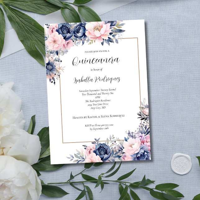 Convites Quinceanera Formal Rosa-Rosa-Elegante Marinho (Elegant Navy Blue and Pink Floral Quinceanera Invitation)
