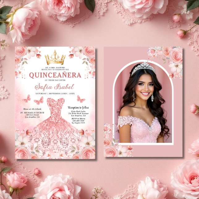 Convites Quinceañera Foto Blush Rosa Rosa Rosa Rosa Floral (Criador carregado)