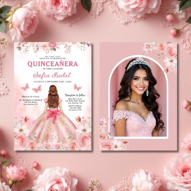 Convites Quinceañera Foto Blush Rosa Rosa Rosa Rosa Floral (Criador carregado)