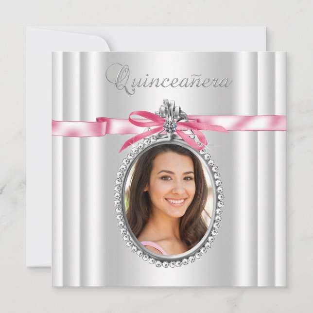 Convites Quinceanera, Foto Branca Rosa (Frente)