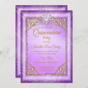 Convites Quinceanera Foto de pérolas roxas Dourada Tiara