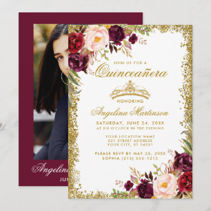 Convites Quinceanera Foto Dourada Burgundy Coroa Floral