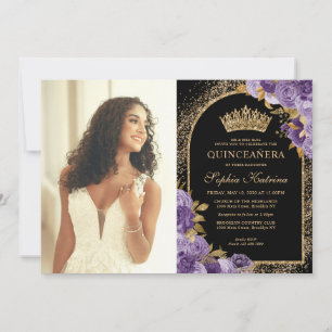 Convites Quinceanera, Foto Dourada Floral Elegante Roxo