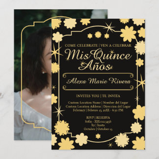 Convites Quinceanera Foto Floral Dourado Prata Rosa Glam