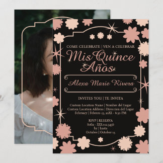 Convites Quinceanera Foto Floral Dourado Prata Rosa Glam
