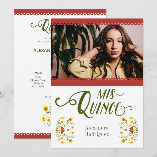 Convites Quinceanera Foto Floral Mexicana Vermelha Tradicio (Frente/Verso)