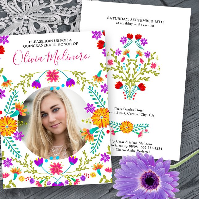 Convites Quinceanera Foto Mexicana Fiesta Floral White (Quinceanera Photo Invitation from Mexican Fiesta Flowers Quinceanera Collection -printed or digital)