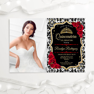 Convites Quinceanera, Foto Preta Dourada Vermelha
