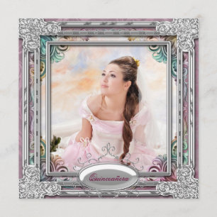 Convites Quinceanera Foto Rosa Azul-Coral Silver