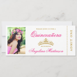 Convites Quinceanera Foto Rosa Quente e Bilhete Dourado