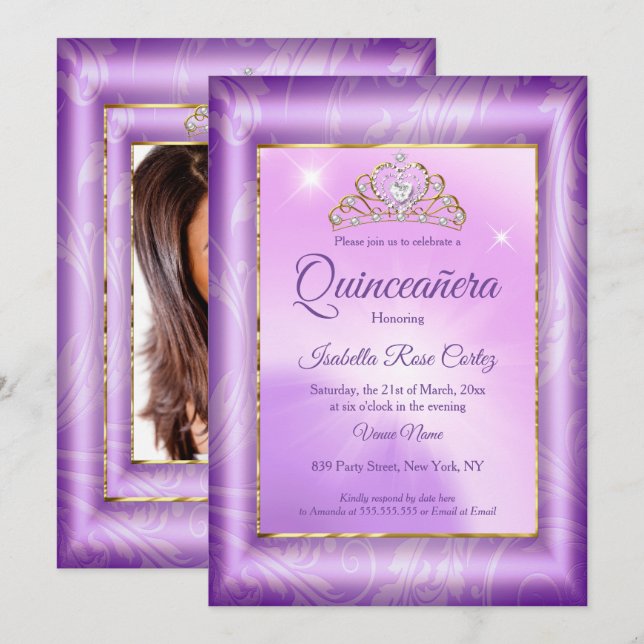 Convites Quinceanera Foto Roxo Dourado Tiara (Frente/Verso)