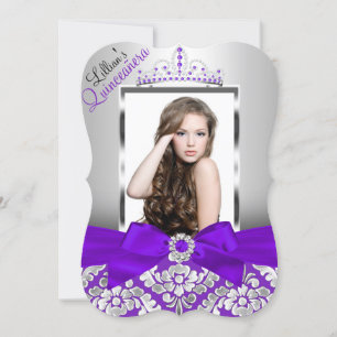 Convites Quinceanera Foto Roxo Prata Damask & Tiara