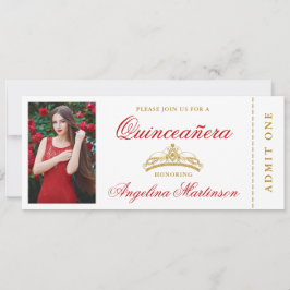 Convites Quinceanera Foto Vermelho e Bilhete Dourado