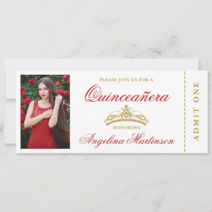 Convites Quinceanera Foto Vermelho e Bilhete Dourado