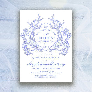 Convites Quinceanera French Vintage Blue Floral Crest
