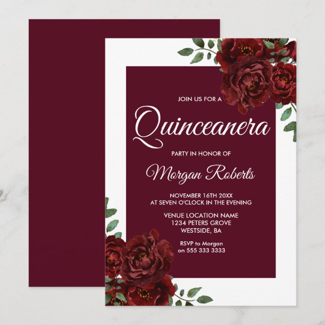 Convites Quinceanera, Fronteira Branca de Rosa Burgundy (Frente/Verso)