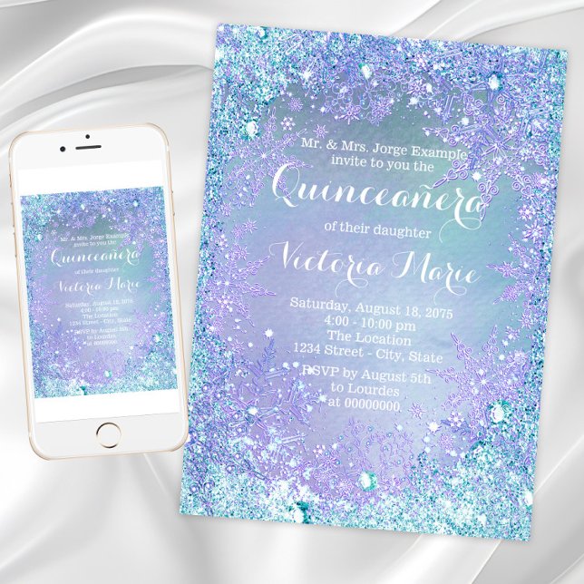 Convites Quinceanera Frozen Winter Wonderland (Winter wonderland Quinceanera invitation with purple and teal snowflakes. Any event invitation.)