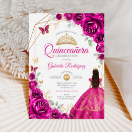 Convites Quinceanera Fuchsia Dourada Rosa