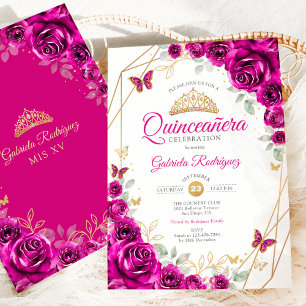 Convites Quinceanera Fuchsia Dourada rosa