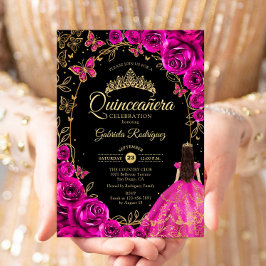 Convites Quinceanera Fuchsia Dourada rosa