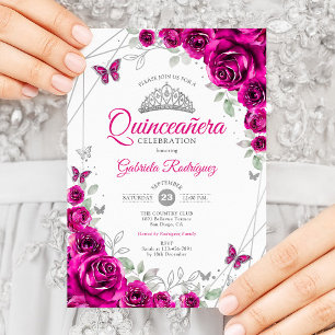 Convites Quinceanera Fuchsia Floral Rosa