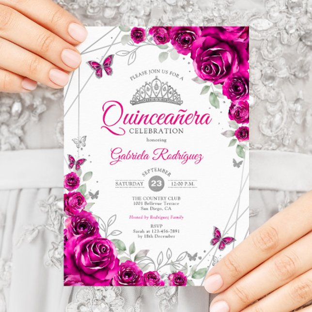 Convites Quinceanera Fuchsia Floral Rosa (Criador carregado)