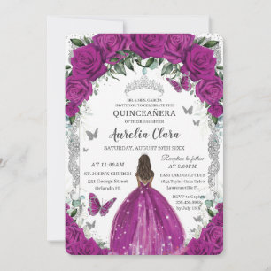 Convites Quinceanera Fuchsia Floral Vintage Silver Brown