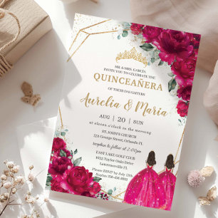 Convites Quinceañera Fuchsia Gêmeas Florais Cor-de-Rosa