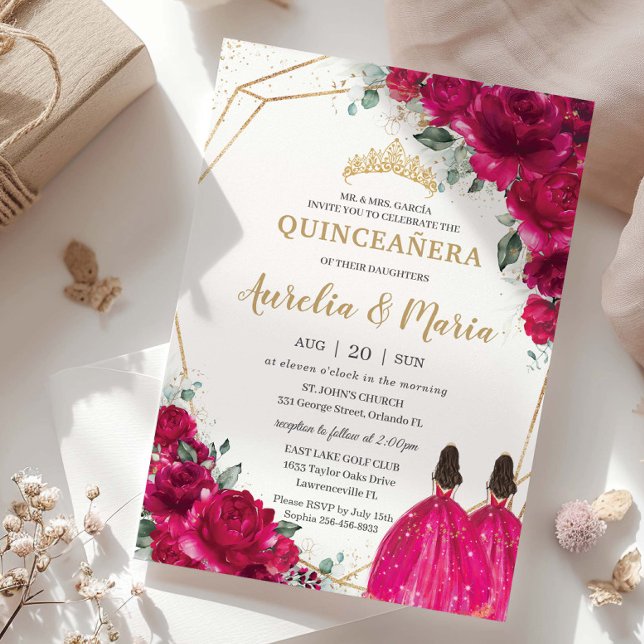 Convites Quinceañera Fuchsia Gêmeas Florais Cor-de-Rosa (fuchsia-hot-pink-floral-quinceanera-gold-twins-princesses-dress-15-sweet-16-birthday-invitation-card)