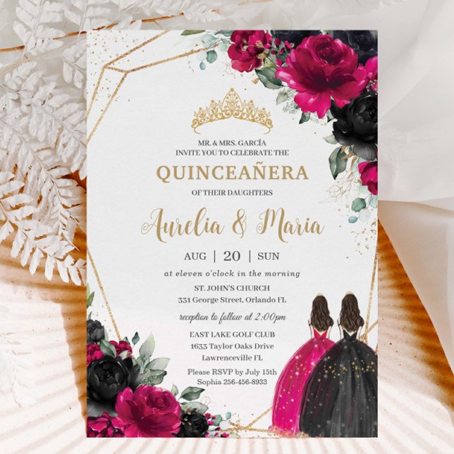 Convites Quinceañera Fuchsia Gêmeas Florais Negras Douradas (Criador carregado)