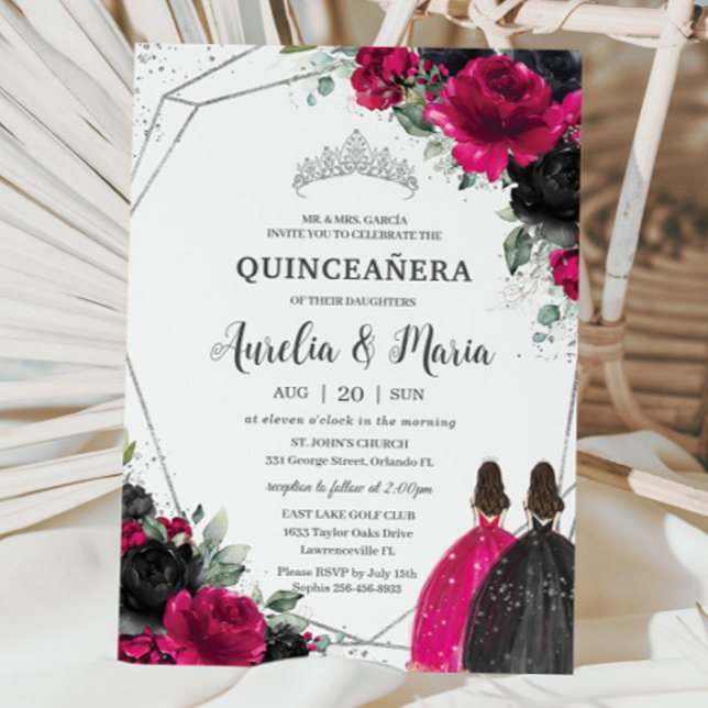 Convites Quinceañera Fuchsia Gêmeas Florais Negras Silver (Criador carregado)