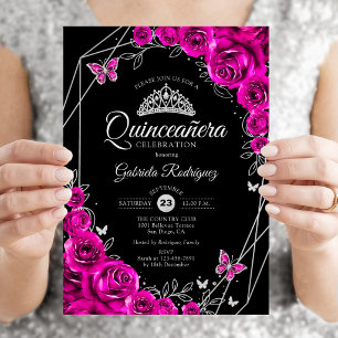 Convites Quinceanera Fuchsia Pink Black Silver Floral