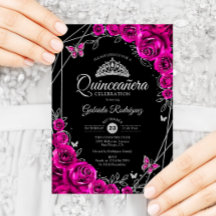 Quinceanera Fuchsia Pink Black Silver Floral