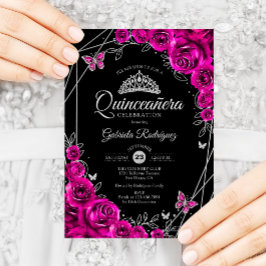 Convites Quinceanera Fuchsia Pink Black Silver Floral