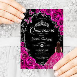 Convites Quinceanera Fuchsia Pink Silver Black