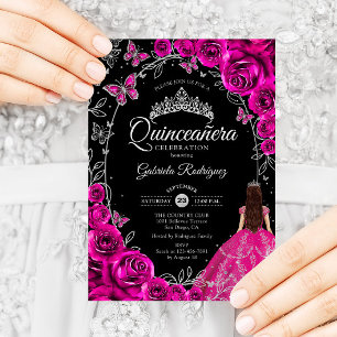 Convites Quinceanera Fuchsia Pink Silver Black